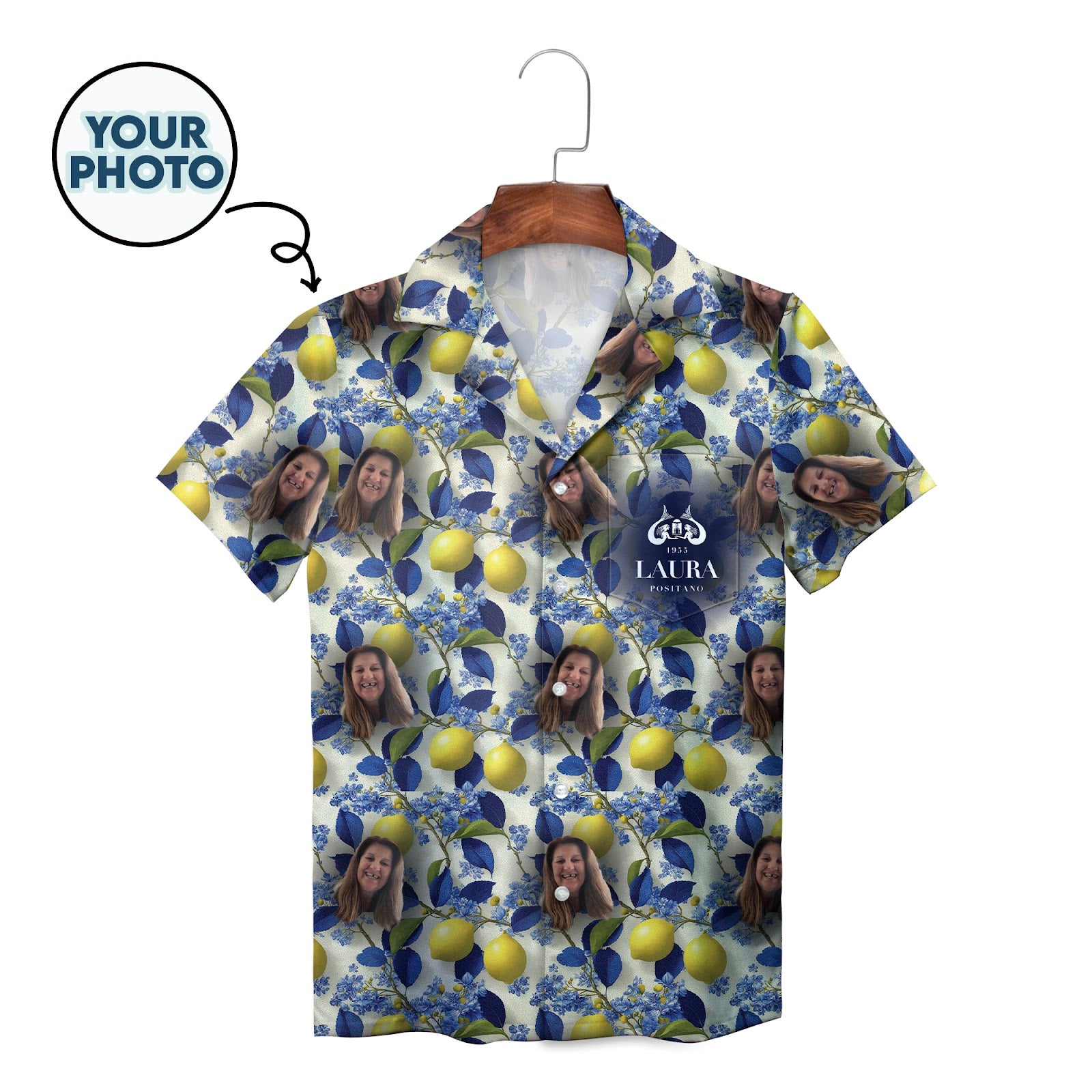 Custom photo Hawaiian shirt lemon navy leaves blue flowers