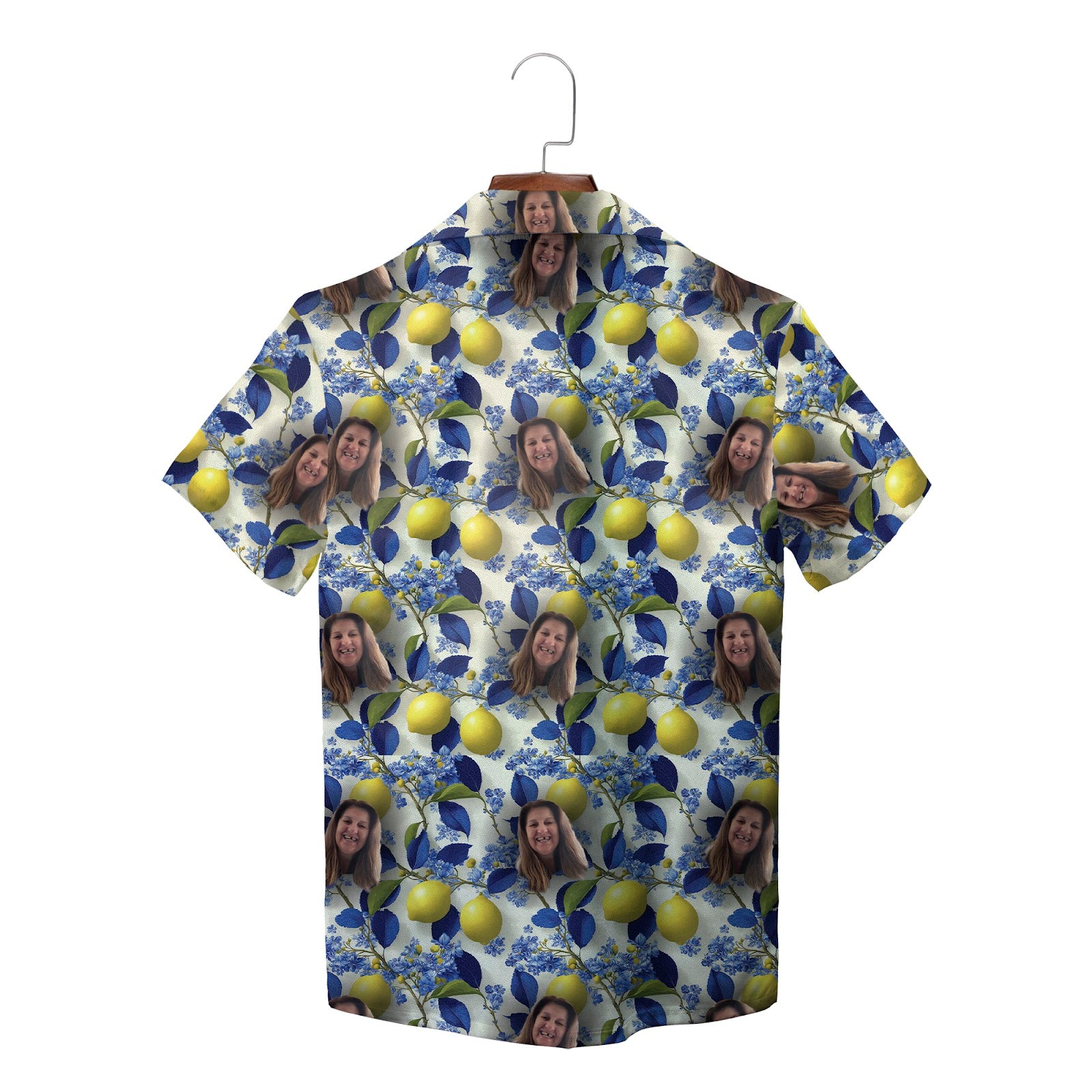 Custom photo Hawaiian shirt lemon navy leaves blue flowers variant 2
