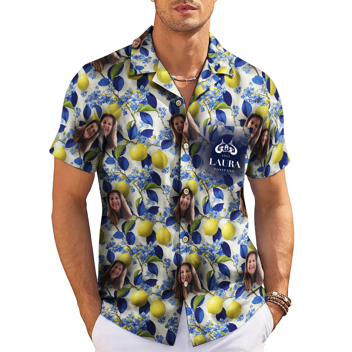 Custom photo Hawaiian shirt lemon navy leaves blue flowers variant 3