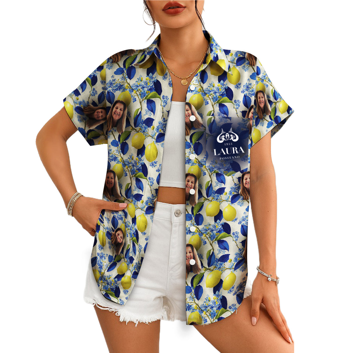 Custom photo Hawaiian shirt lemon navy leaves blue flowers variant 4