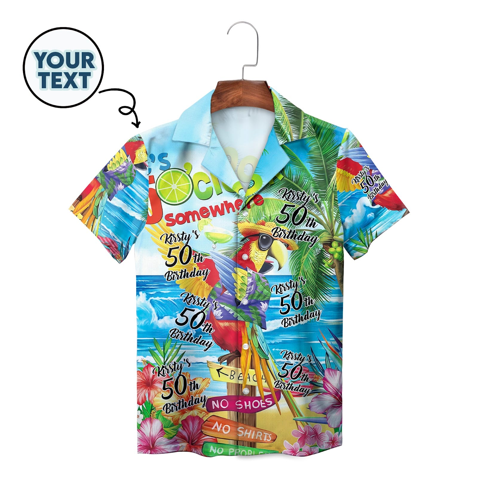 Colourful personalised birthday Hawaiian shirt with parrot