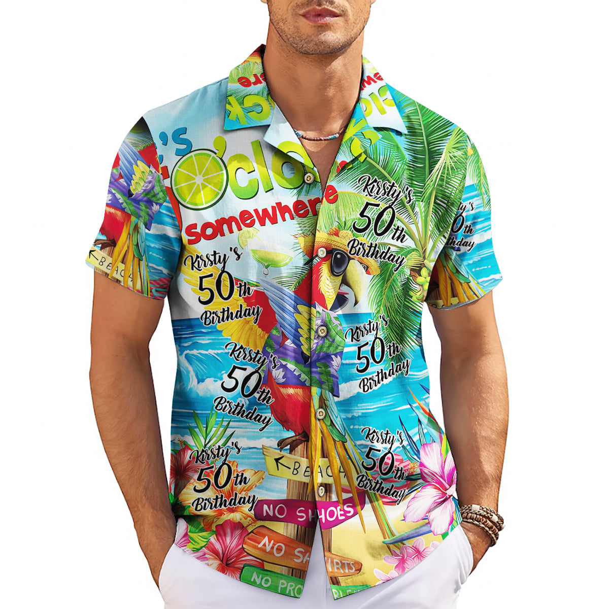 Colourful personalised birthday Hawaiian shirt with parrot variant 3