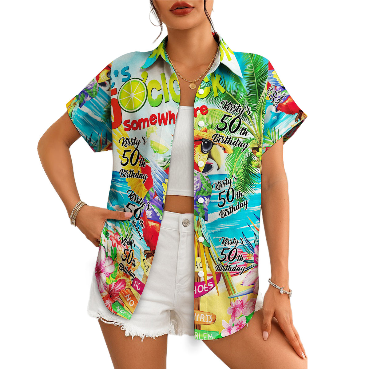 Colourful personalised birthday Hawaiian shirt with parrot variant 4