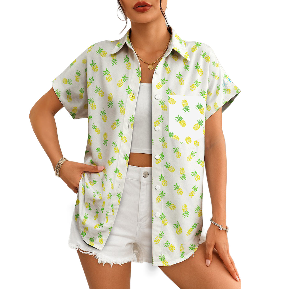 White Hawaiian shirt with yellow pineapple pattern on hanger variant 4