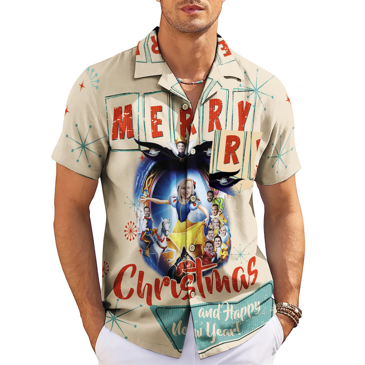 Cream personalised Christmas Hawaiian shirt Snow White faces variant 3