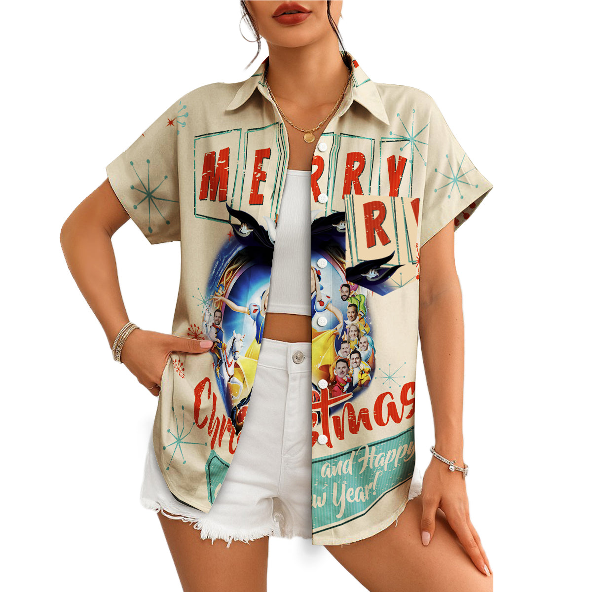Cream personalised Christmas Hawaiian shirt Snow White faces variant 4