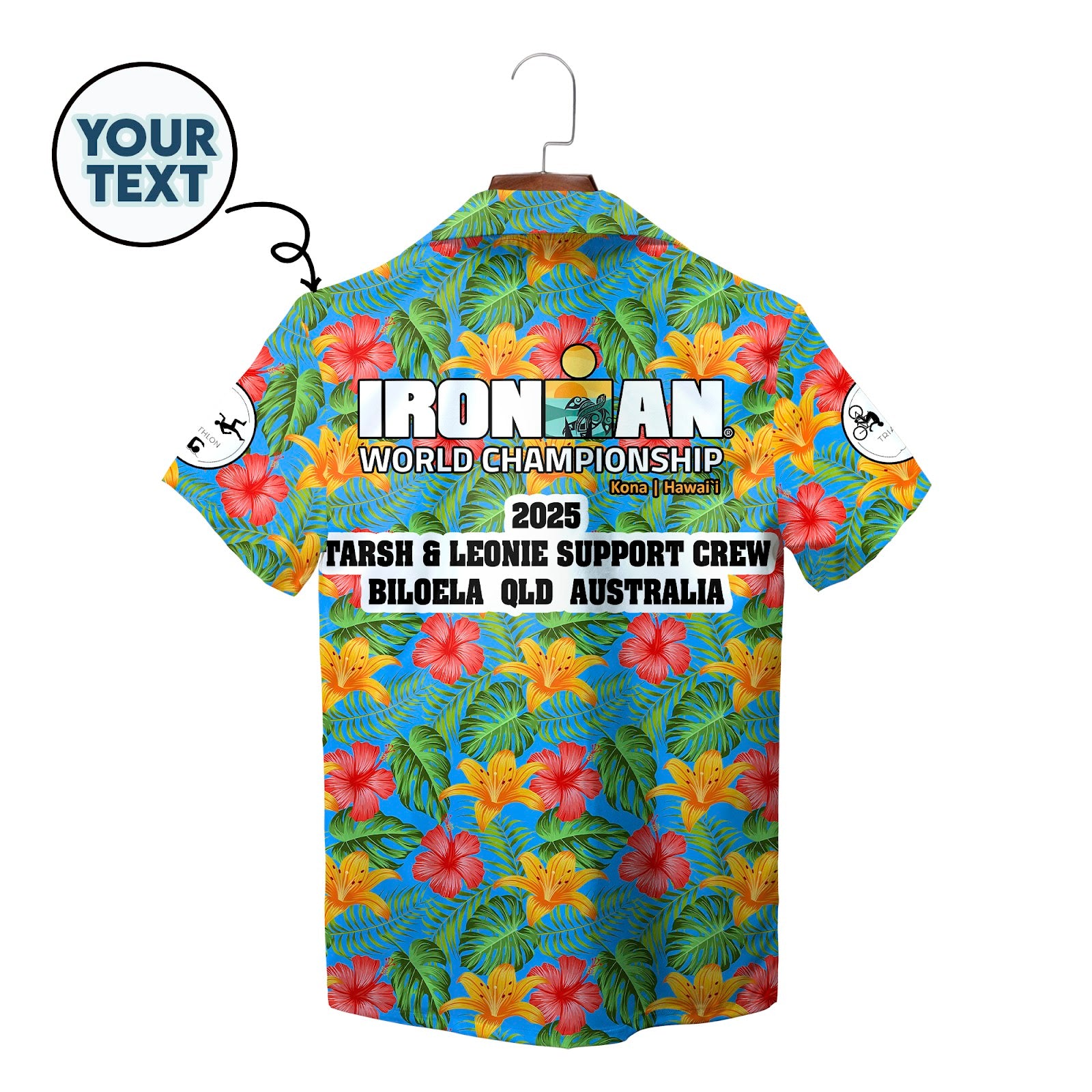 Blue tropical hibiscus Hawaiian shirt with triathlon logo badge variant 2