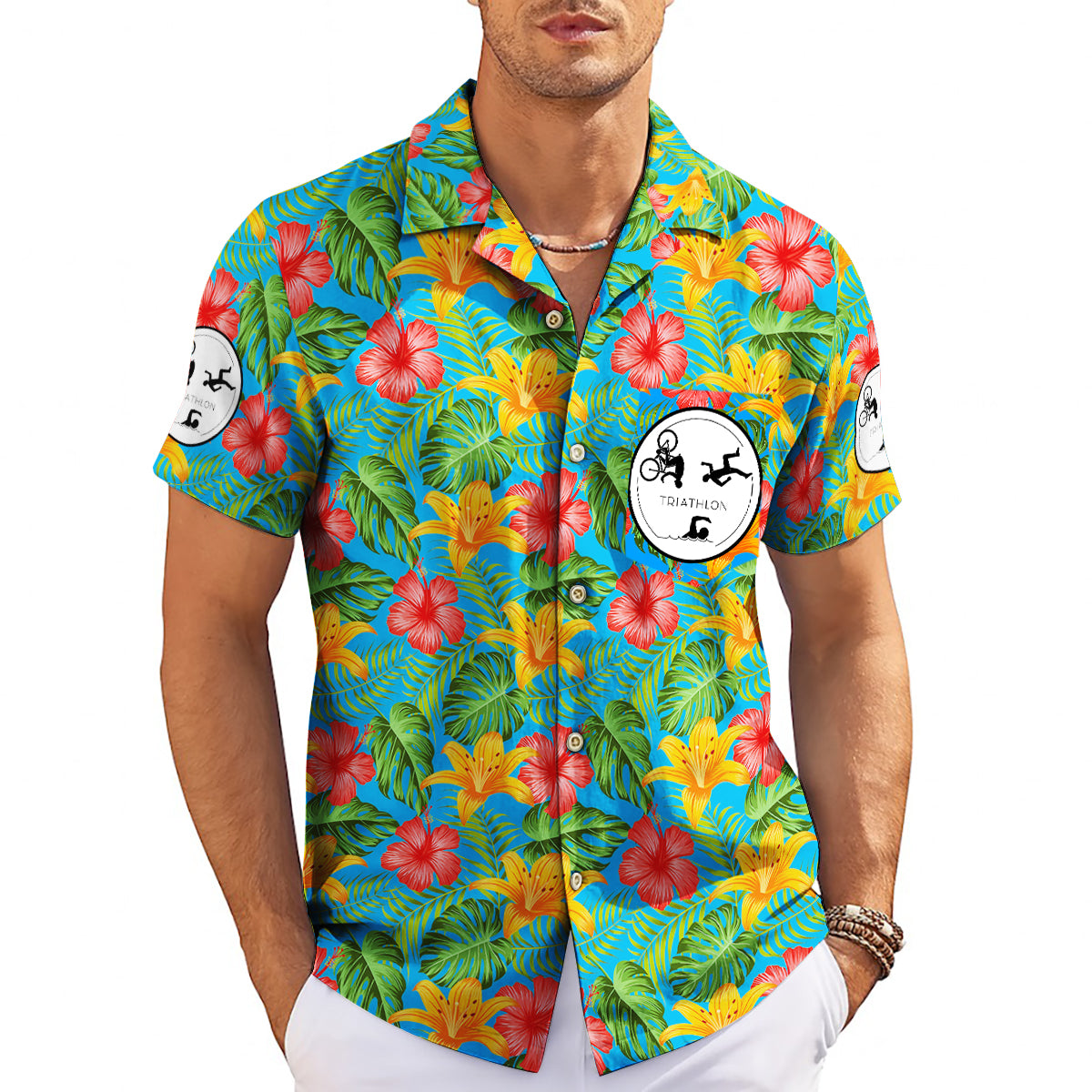 Blue tropical hibiscus Hawaiian shirt with triathlon logo badge variant 3