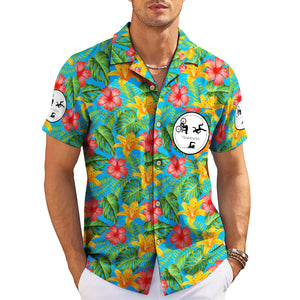 Blue tropical hibiscus Hawaiian shirt with triathlon logo badge variant 3