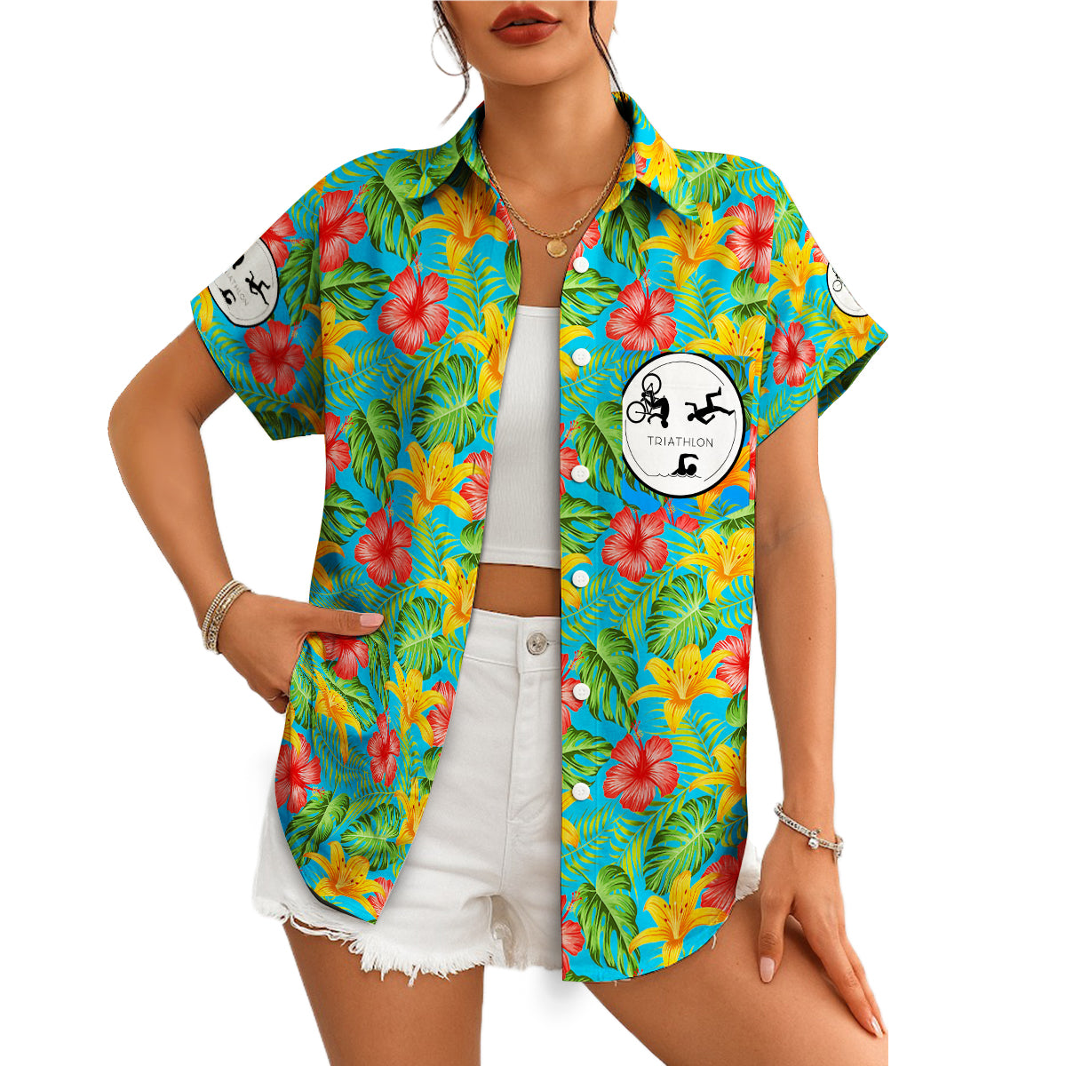 Blue tropical hibiscus Hawaiian shirt with triathlon logo badge variant 4