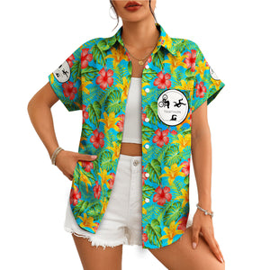 Blue tropical hibiscus Hawaiian shirt with triathlon logo badge variant 4