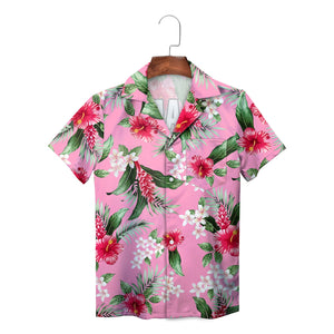 Pink floral Hawaiian shirt with red hibiscus on hanger
