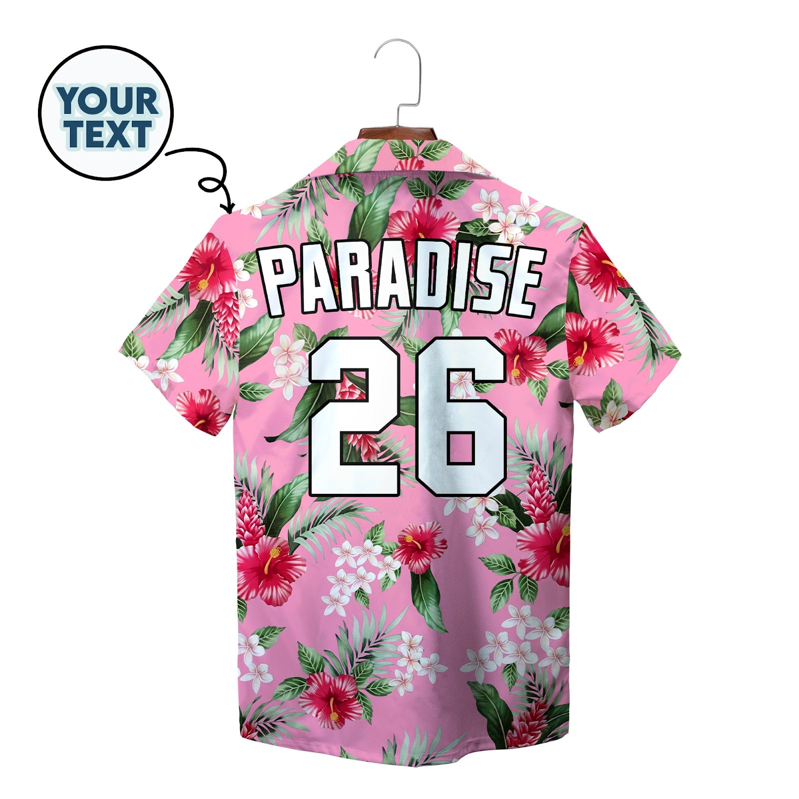 Pink floral Hawaiian shirt with red hibiscus on hanger variant 2