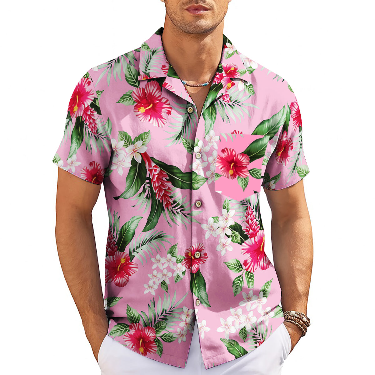Pink floral Hawaiian shirt with red hibiscus on hanger variant 3