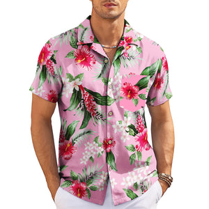 Pink floral Hawaiian shirt with red hibiscus on hanger variant 3