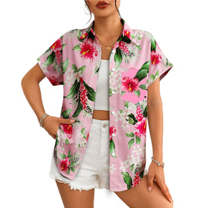 Pink floral Hawaiian shirt with red hibiscus on hanger variant 4