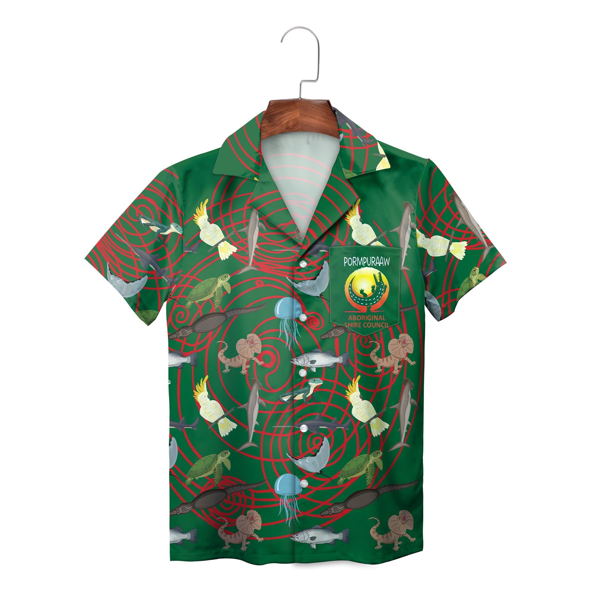 Green Hawaiian shirt with red spirals cockatoos sharks turtles