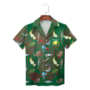 Green Hawaiian shirt with red spirals cockatoos sharks turtles