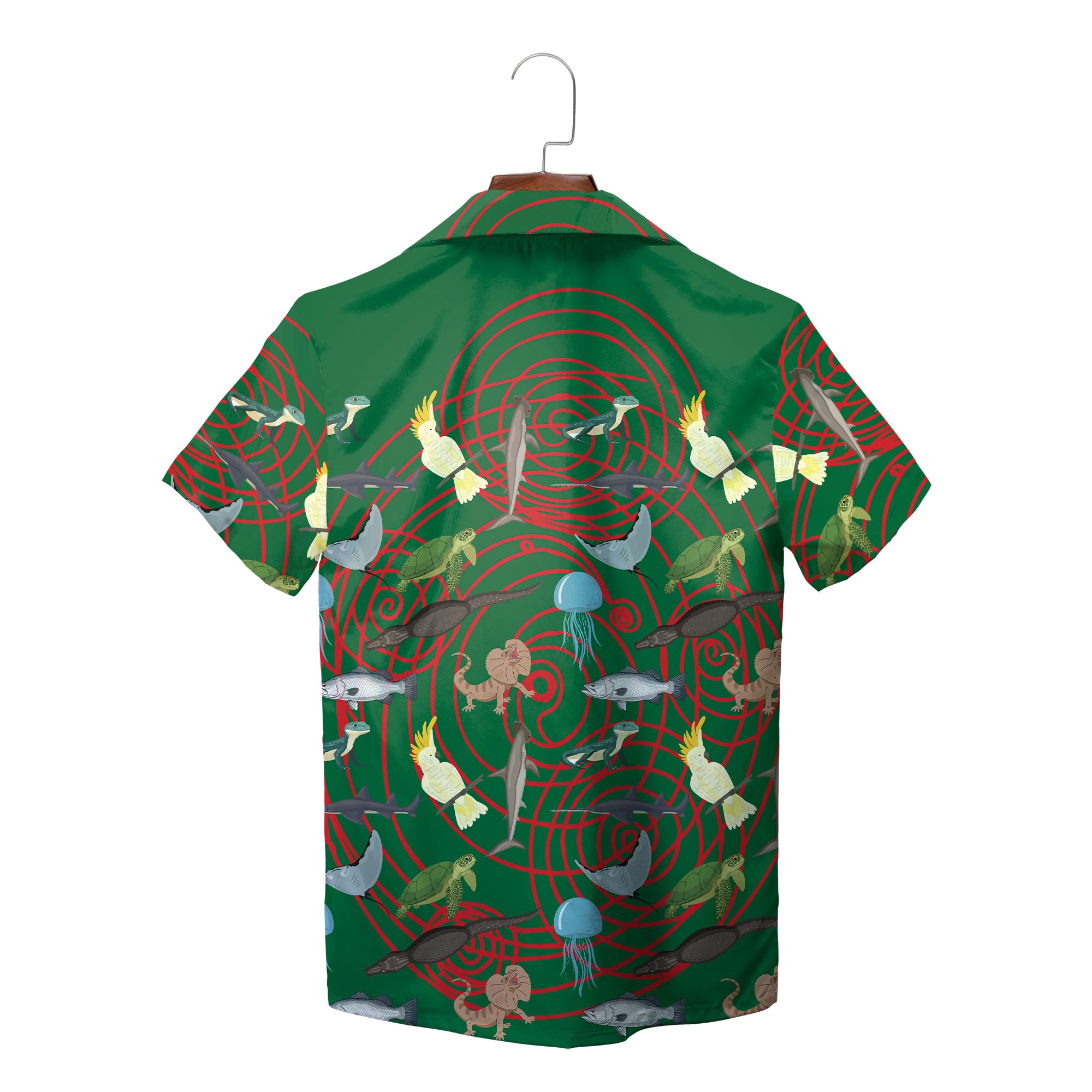 Green Hawaiian shirt with red spirals cockatoos sharks turtles variant 2