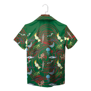 Green Hawaiian shirt with red spirals cockatoos sharks turtles variant 2