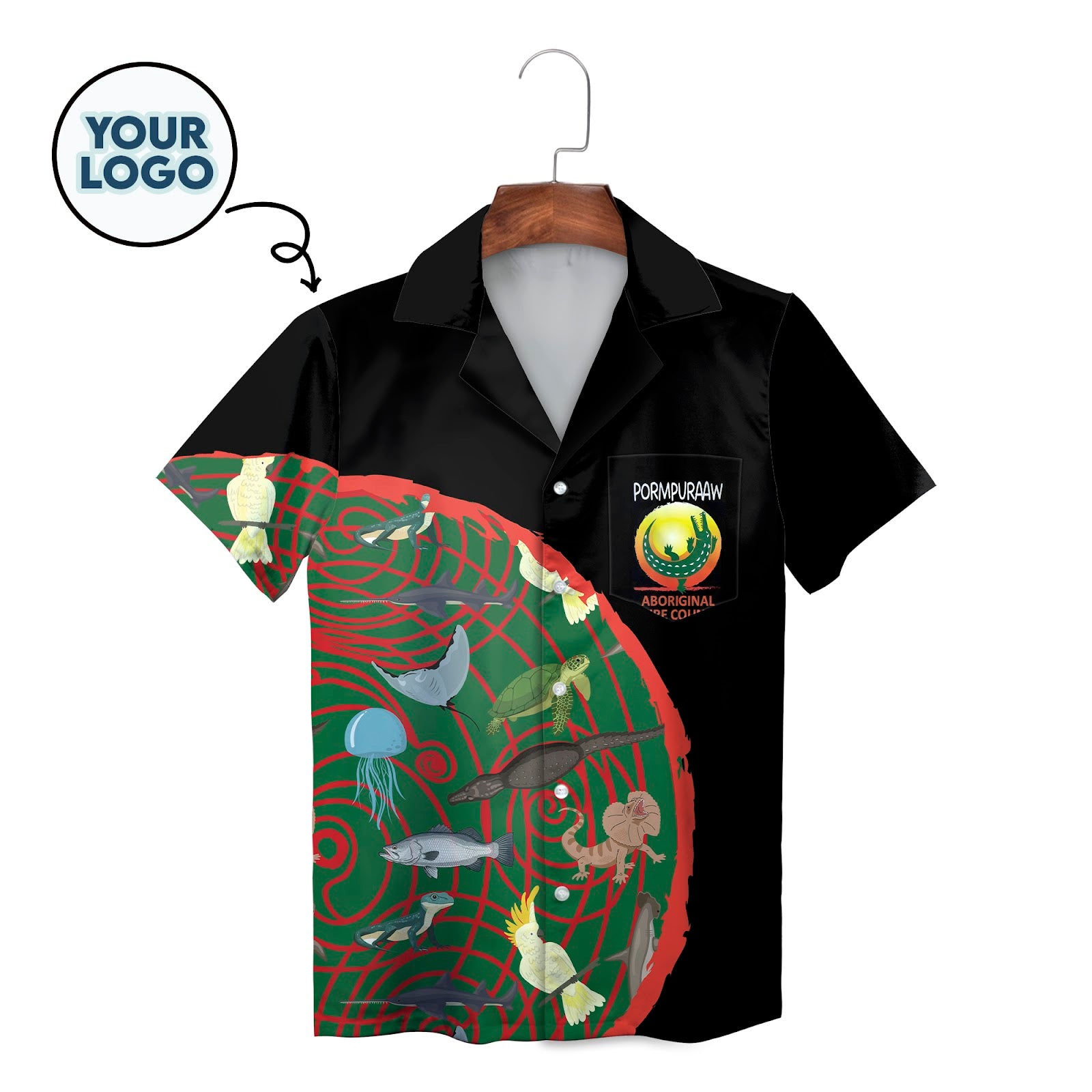Black Hawaiian shirt with Aboriginal wildlife green red swirl design