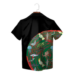Black Hawaiian shirt with Aboriginal wildlife green red swirl design variant 2