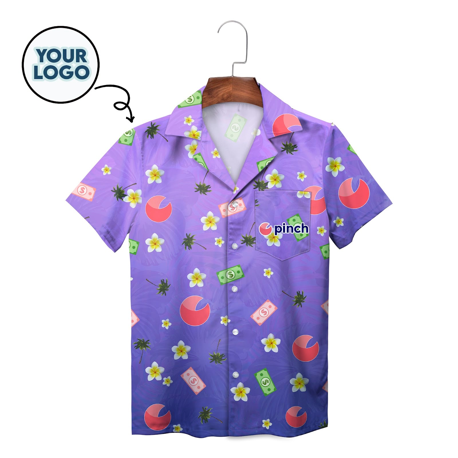 Purple Hawaiian shirt with plumeria flowers money and logo