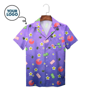 Purple Hawaiian shirt with plumeria flowers money and logo