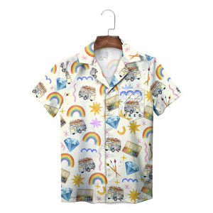 Cream Hawaiian shirt with rainbow campervan diamond pattern