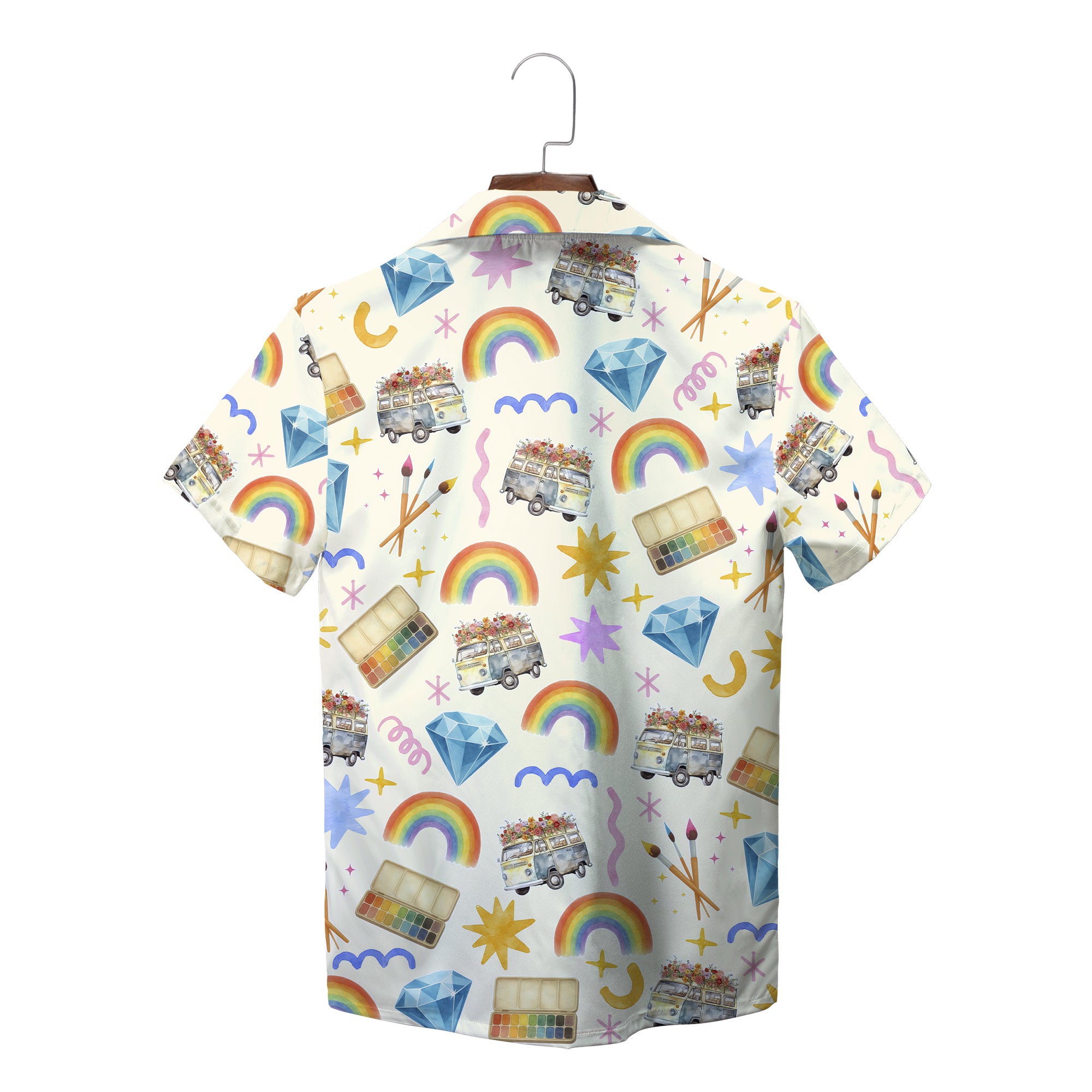 Cream Hawaiian shirt with rainbow campervan diamond pattern variant 2