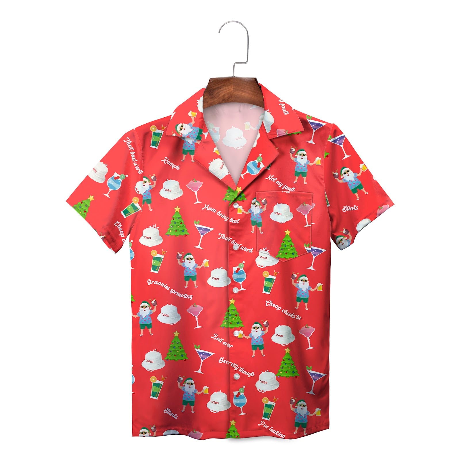 Red Hawaiian shirt with cartoon Santa cocktails Christmas trees