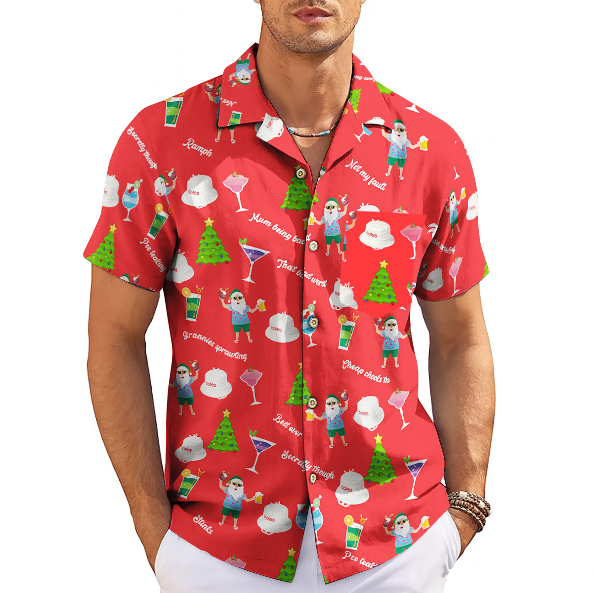 Red Hawaiian shirt with cartoon Santa cocktails Christmas trees variant 3