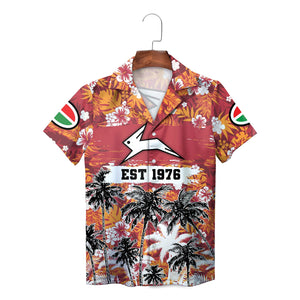 Redcurrant floral palm silhouette Hawaiian shirt on hanger