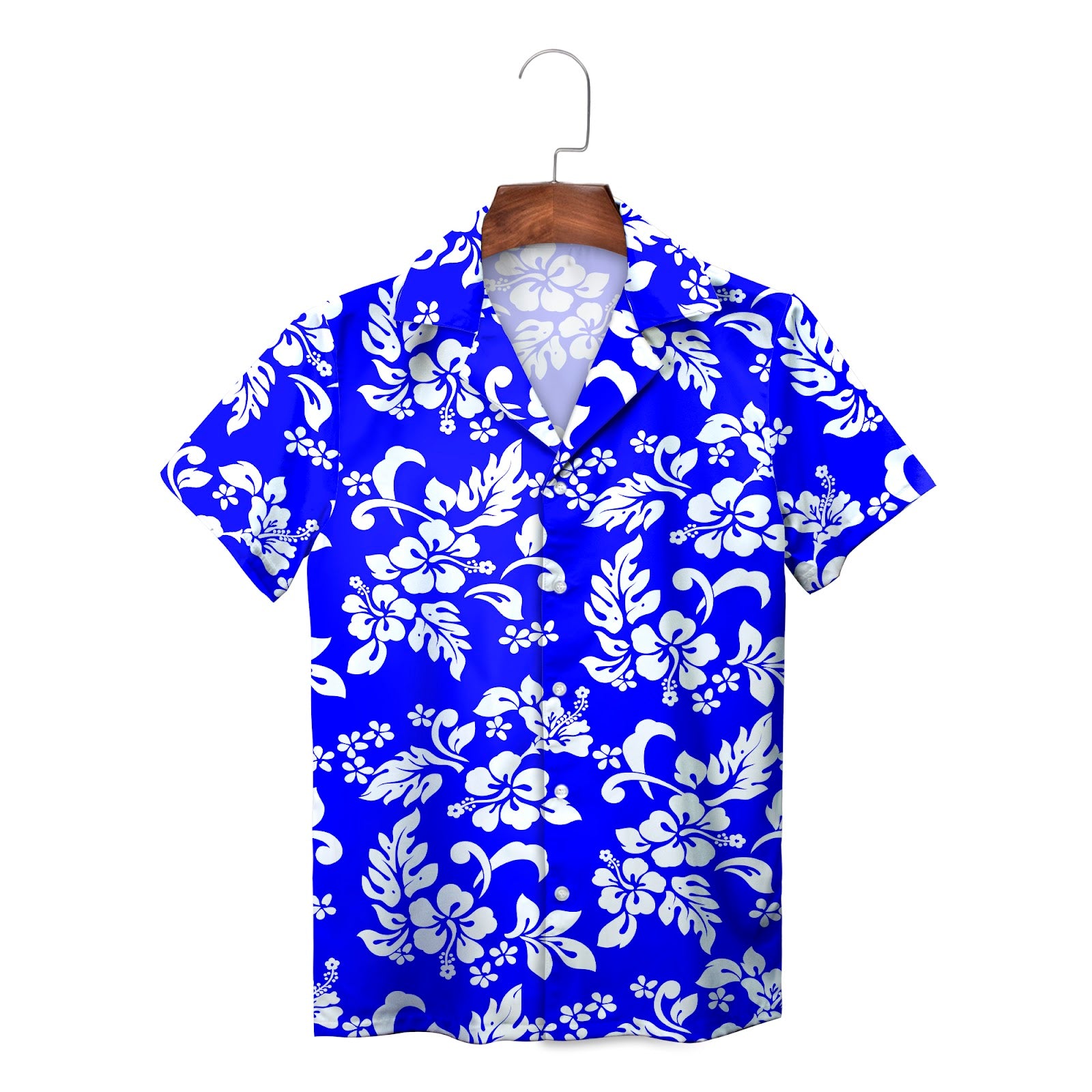 Bright blue Hawaiian shirt white hibiscus floral pattern