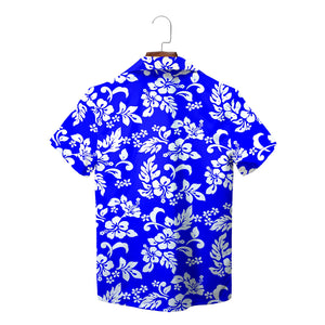 Bright blue Hawaiian shirt white hibiscus floral pattern variant 5