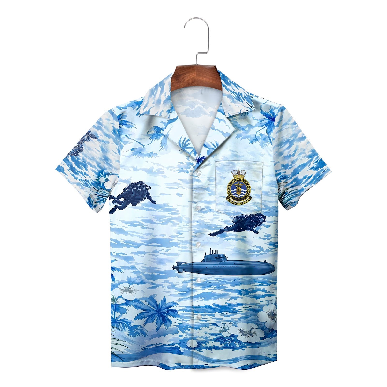 Blue ocean submarine diver palm tree Hawaiian shirt on hanger