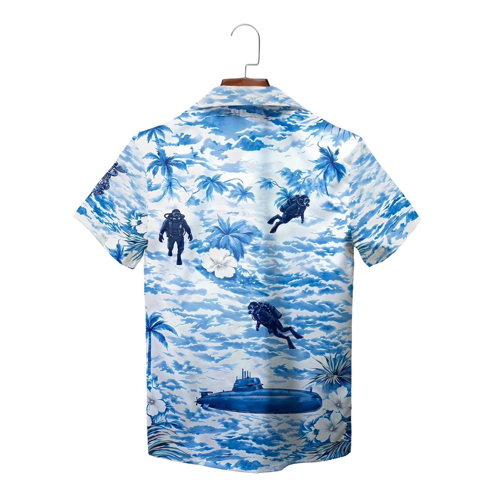 Blue ocean submarine diver palm tree Hawaiian shirt on hanger variant 2