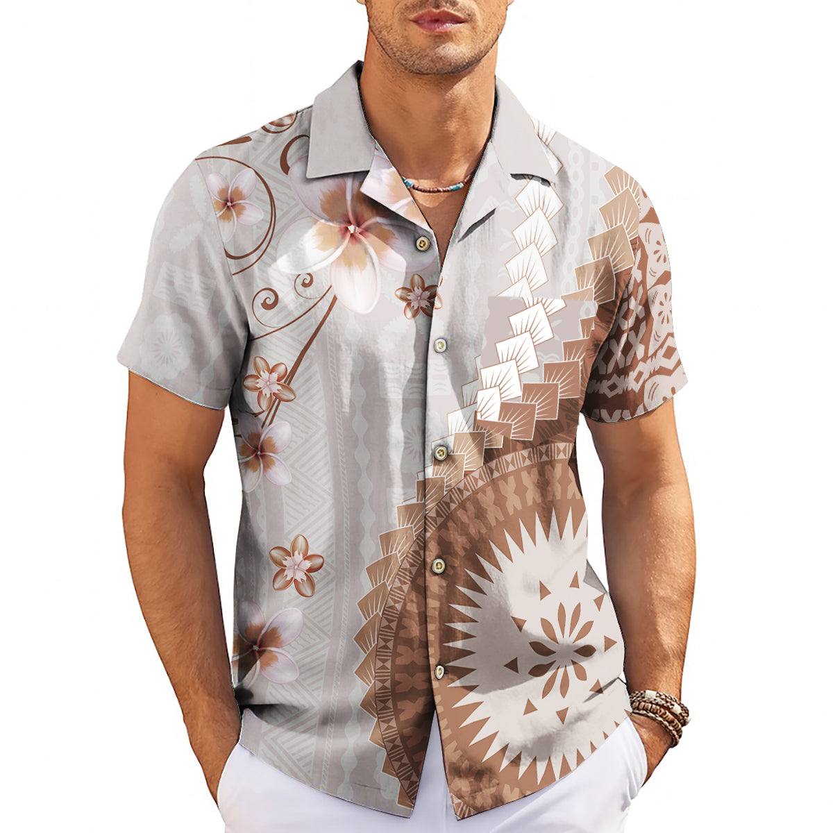 Taupe brown tapa pattern frangipani floral Hawaiian shirt variant 3