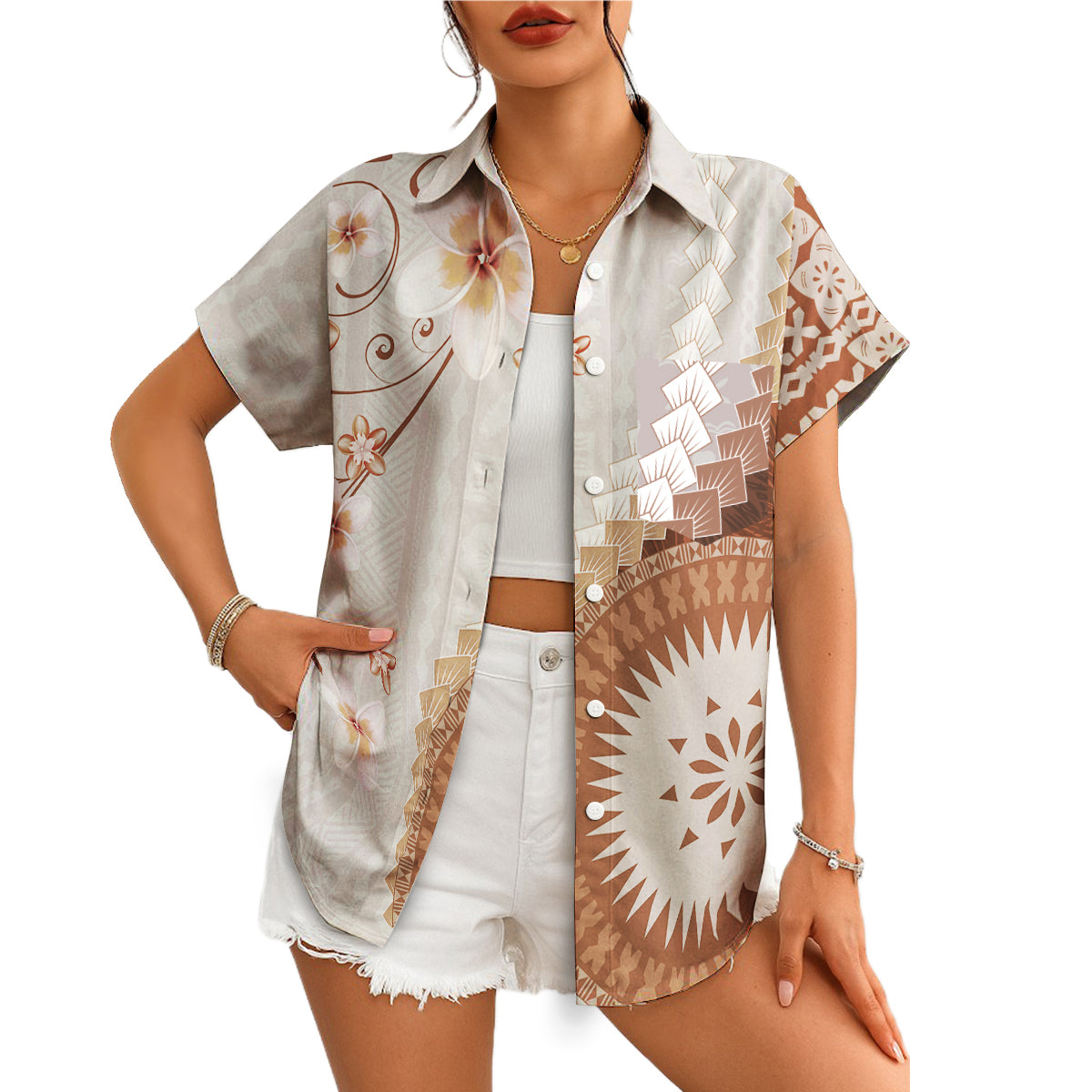 Taupe brown tapa pattern frangipani floral Hawaiian shirt variant 4