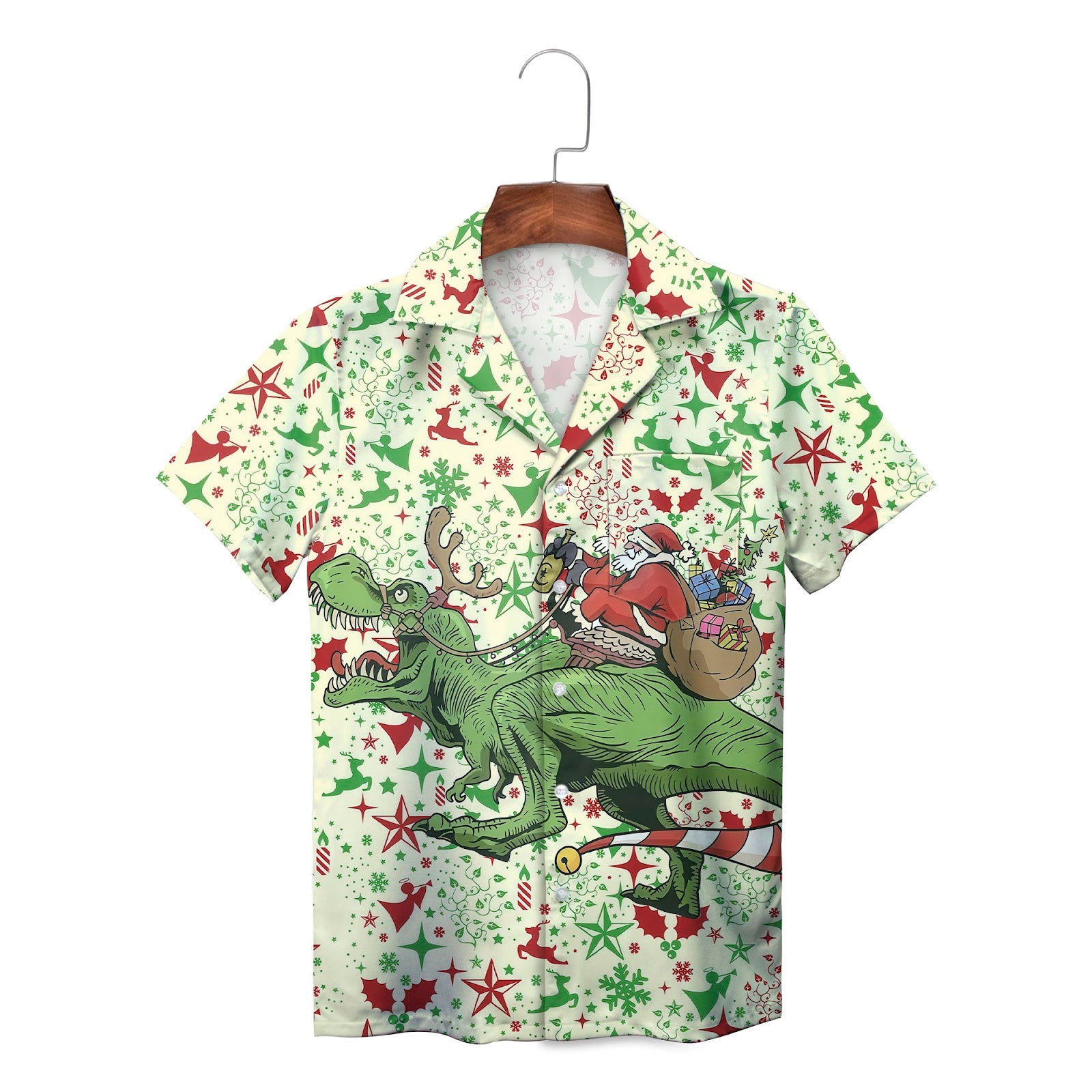 Cream Hawaiian shirt featuring Santa riding a green dinosaur
