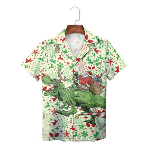 Cream Hawaiian shirt featuring Santa riding a green dinosaur