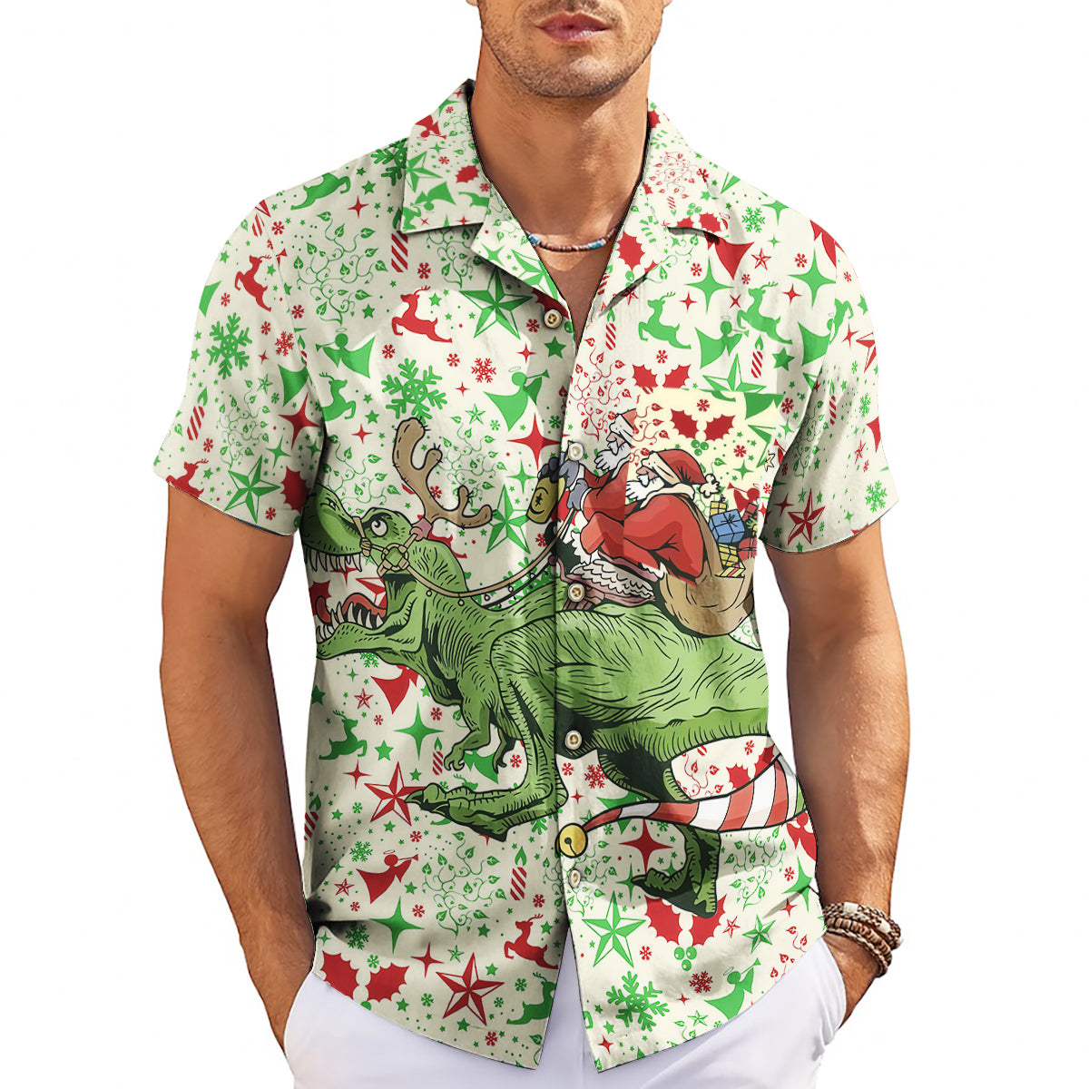 Cream Hawaiian shirt featuring Santa riding a green dinosaur variant 3