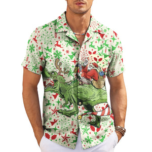 Cream Hawaiian shirt featuring Santa riding a green dinosaur variant 3