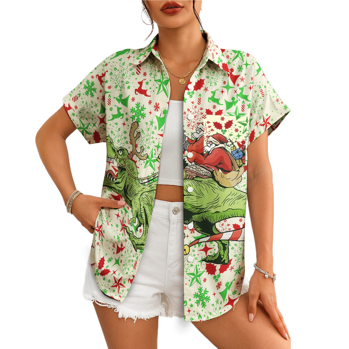 Cream Hawaiian shirt featuring Santa riding a green dinosaur variant 4