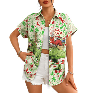 Cream Hawaiian shirt featuring Santa riding a green dinosaur variant 4