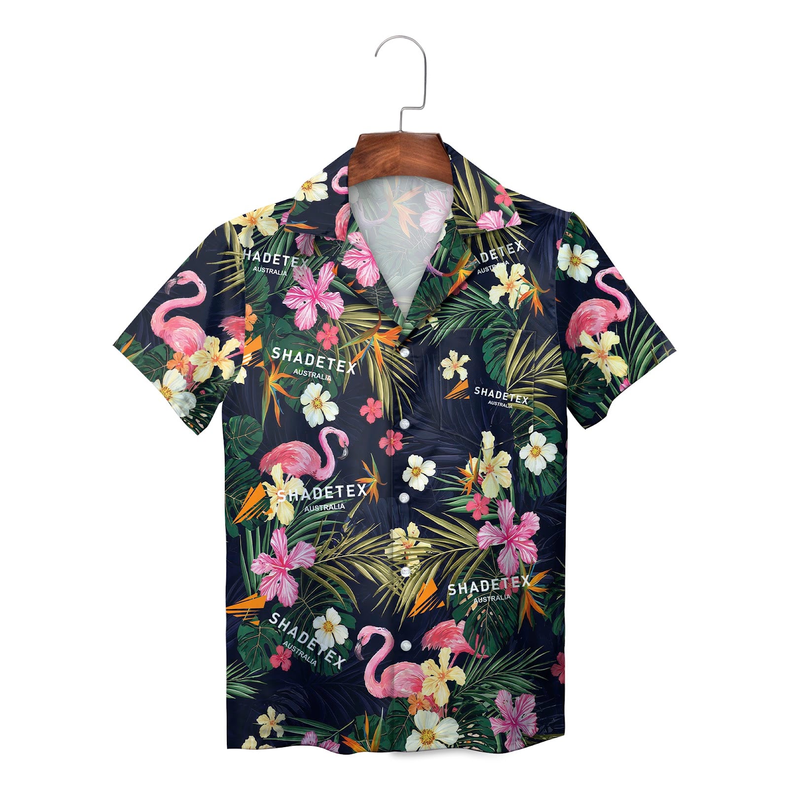 Navy Hawaiian shirt with pink flamingos tropical flowers palm fronds