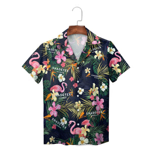 Navy Hawaiian shirt with pink flamingos tropical flowers palm fronds