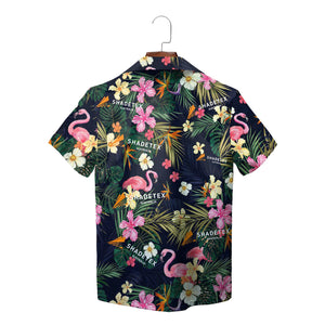 Navy Hawaiian shirt with pink flamingos tropical flowers palm fronds variant 2