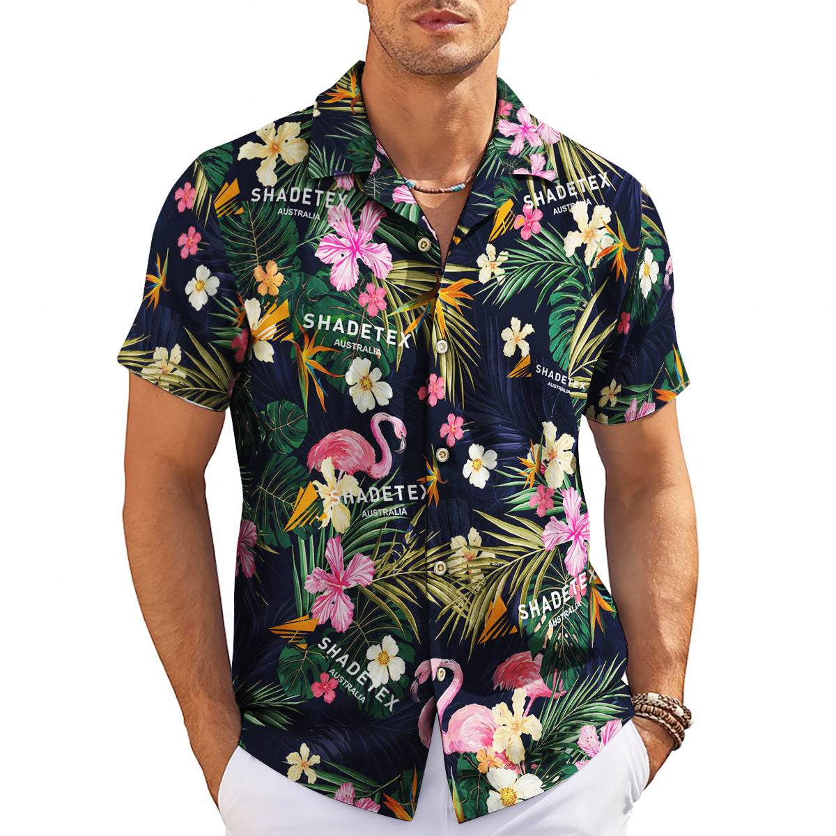 Navy Hawaiian shirt with pink flamingos tropical flowers palm fronds variant 3