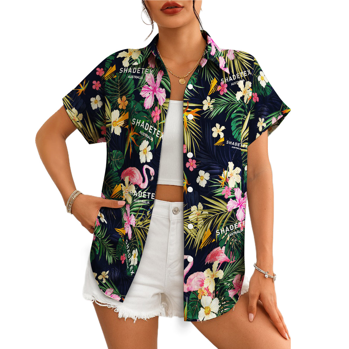 Navy Hawaiian shirt with pink flamingos tropical flowers palm fronds variant 4